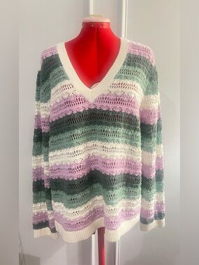 LOFT Striped V-Neck Open Knit Sweater in Lavender, Green & Cream XXL